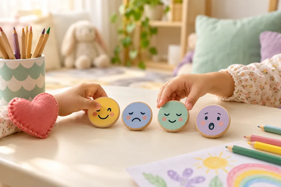 Imagine ilustrativă: Joc cu simboluri ale emoțiilor și o inimă din material textil