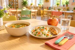 Imagine ilustrativă: Un prânz cald cu legume, fruct și apă